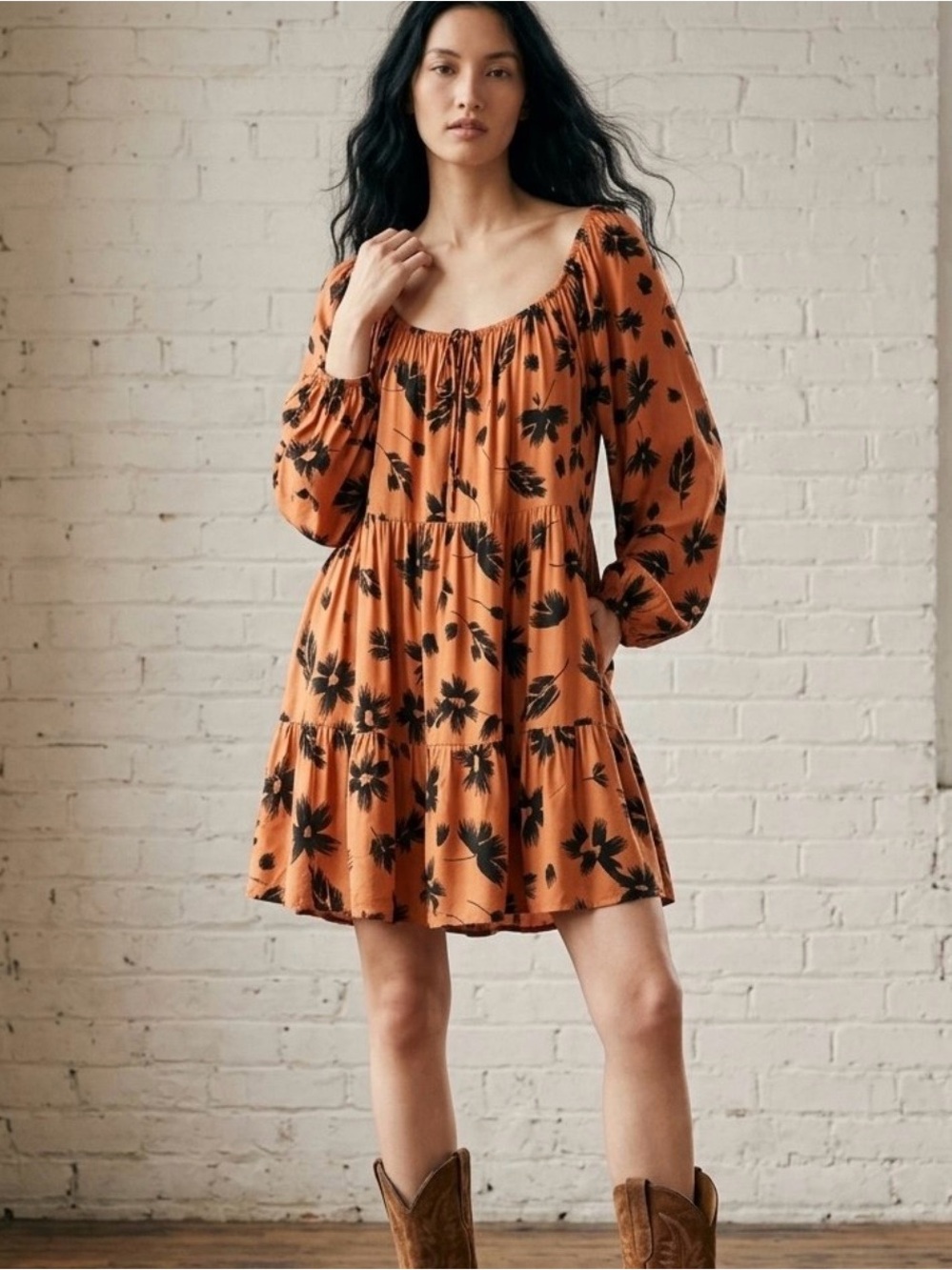 NWT Boho Long-Sleeve Floral Peasant Dress - Orange/Black